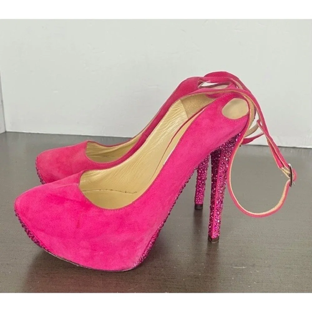 JIMMY CHOO Shoe Pink Tame Swarovski Crystal embellished Suede Pumps Heels 37.5/7